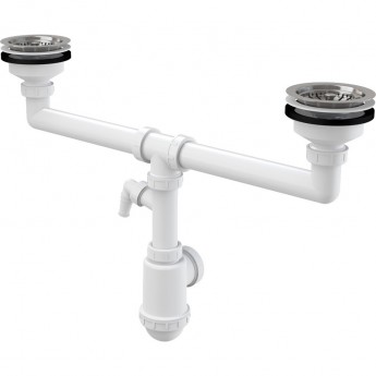 Сифон ALCAPLAST A453P для сдвоенной мойки, с нержавеющими решетками Ø115 и подводкой Сифон ALCAPLAST A453P для сдвоенной мойки, с нержавеющими решетками Ø115 и подводкой