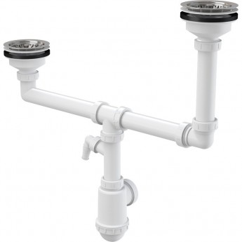 Сифон ALCAPLAST A454P для сдвоенной мойки, с нержавеющими решетками Ø115 и подводкой Сифон ALCAPLAST A454P для сдвоенной мойки, с нержавеющими решетками Ø115 и подводкой