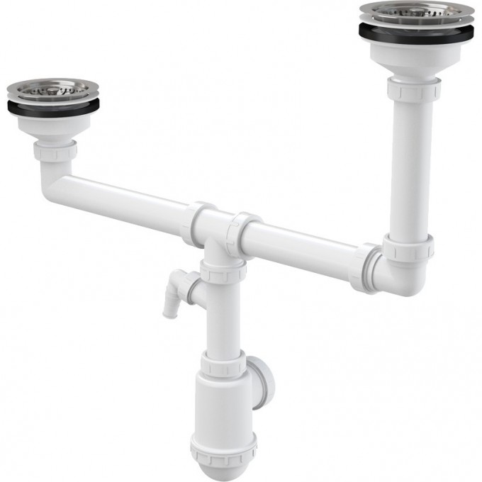 Сифон ALCAPLAST для сдвоенной мойки, с нержавеющими решетками Ø115 и подводкой A454P