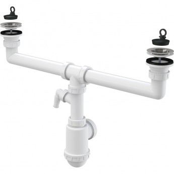 Сифон ALCAPLAST A449P-DN50/40 для сдвоенной мойки, с нержавеющими решетками Ø70, с подводкой