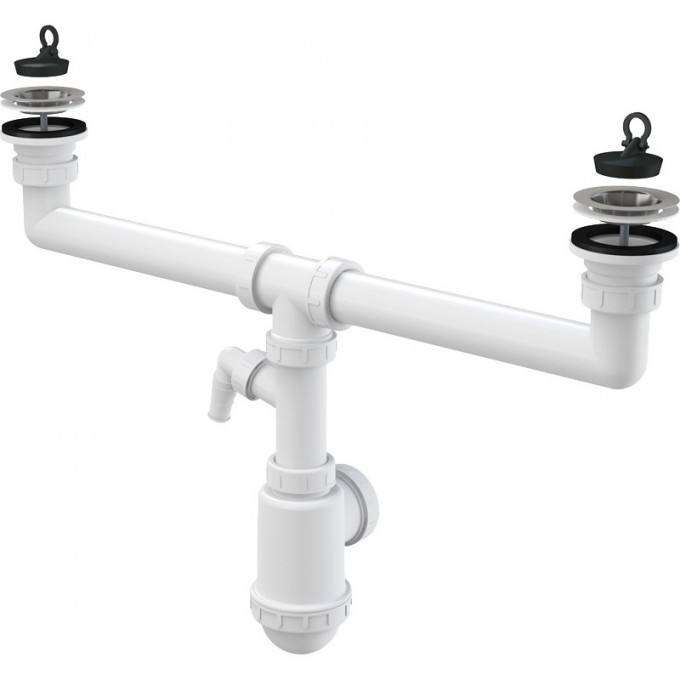 Сифон ALCAPLAST для сдвоенной мойки, с нержавеющими решетками Ø70, с подводкой A449P-DN50/40