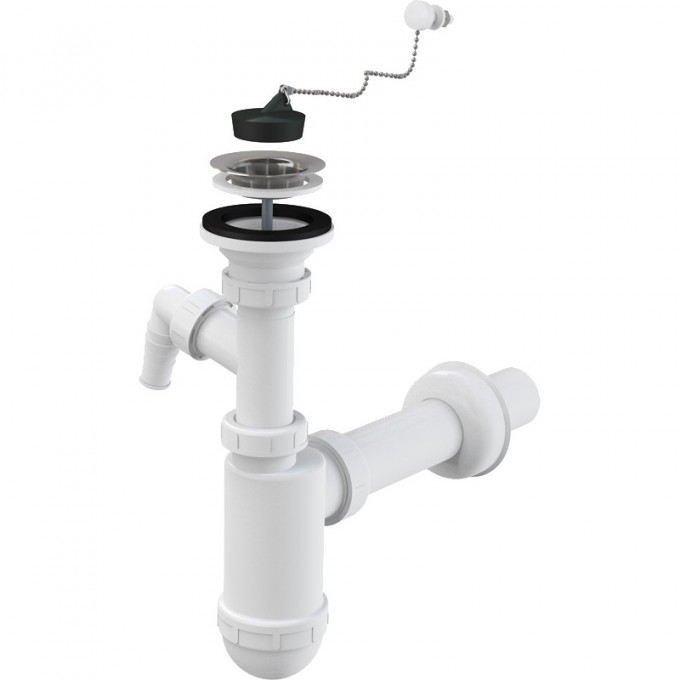 Сифон ALCAPLAST для умывальника Ø40 с нержавеющей решеткой Ø63, с цепочкой, с подводкой A41PR