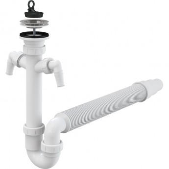 Сифон ALCAPLAST A840-DN50/40 трубчатый с нержавеющей решеткой Ø70 и гофрой, с двумя подводками Сифон ALCAPLAST A840-DN50/40 трубчатый с нержавеющей решеткой Ø70 и гофрой, с двумя подводками