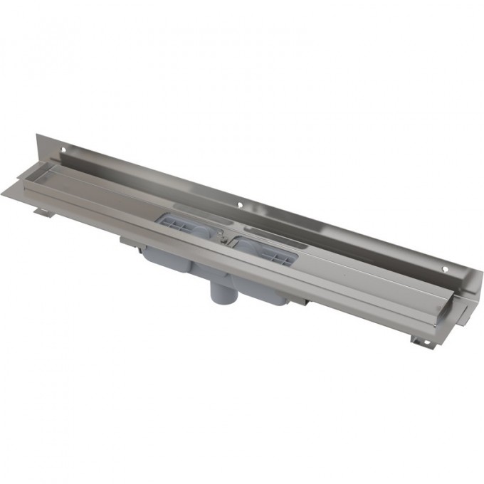 Водоотводящий желоб ALCAPLAST FLEXIBLE для перфорированной решетки с регулируемым краем, к стене, низкий, вертикальный сток APZ1104-1050